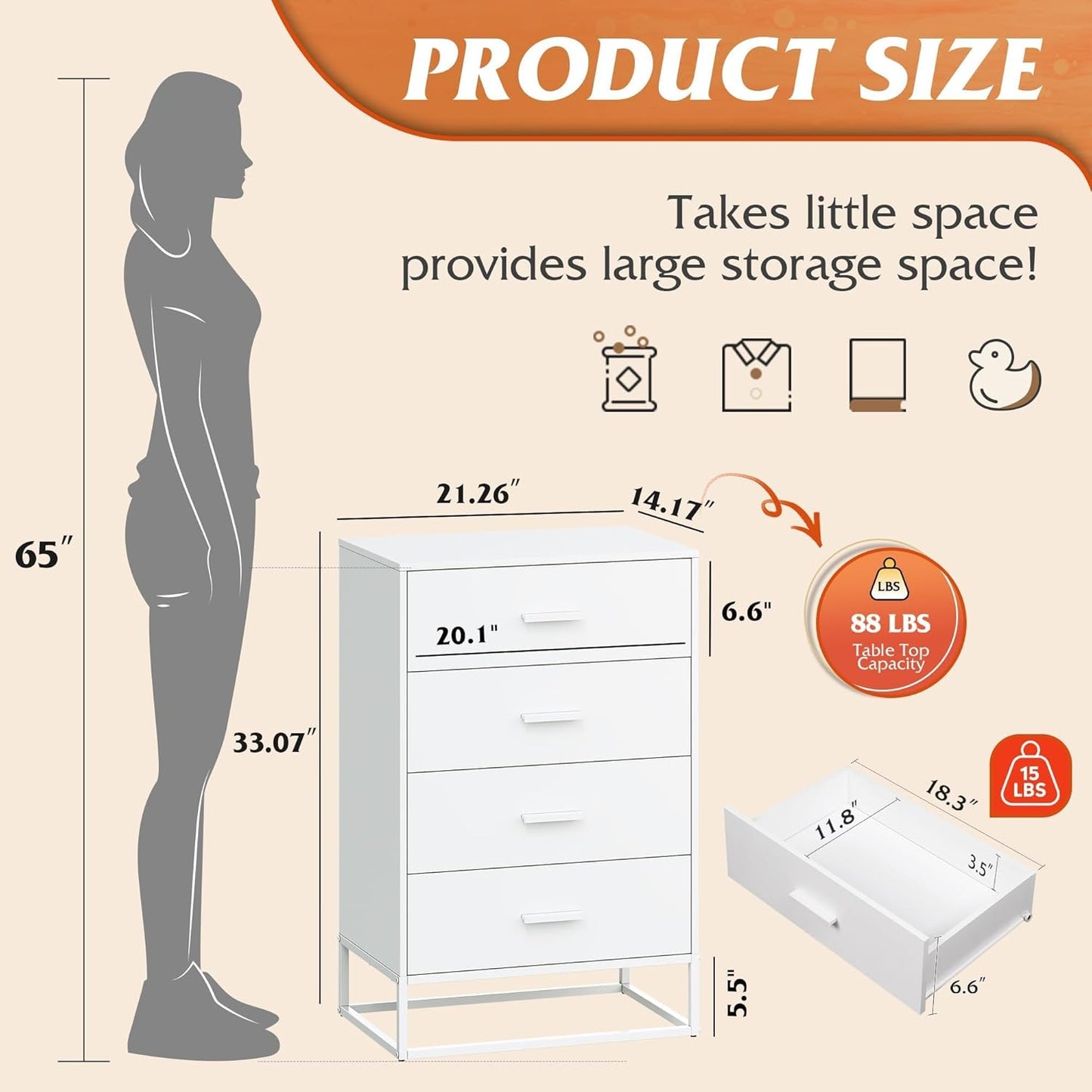 WLIVE White Wood Dresser for Bedroom with 4 Drawers, Tall Chest of Drawers with Sturdy Metal Frame for Living Room, Hallway, Closet