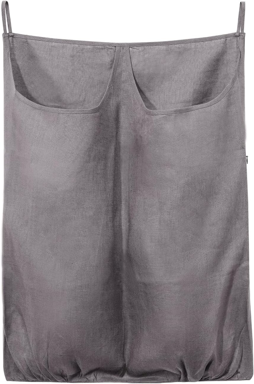 100% Pure Linen Dual Hanging Laundry Bag with 2 Deep Pocket and 2 Side Zipper 20x27in, Over The Door Laundry Hamper Space Saving Hampers for Dirty Clothes Home Travel, Grey