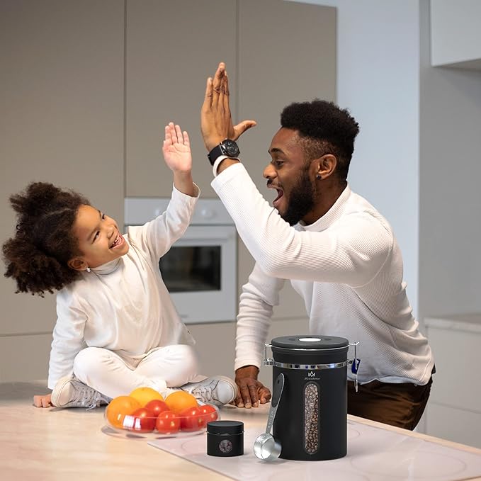 Coffee Canister for ground coffee with Transparent Window,Date Tracker CO2 Valve 304 Stainless Steel Kitchen Food Airtight storage container for Coffee Beans or Grounds, Tea, Sugar(black 22OZ)