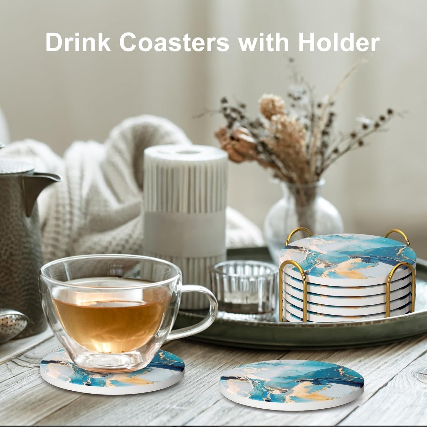 6 Pcs Light Blue Marble Abstract Ceramic Coasters with Holder Best Round Drink Absorbent Coasters for Desk, Lounge, Coffee, Wine, Beverage, Dining Table Decor, Bar Coaster Set