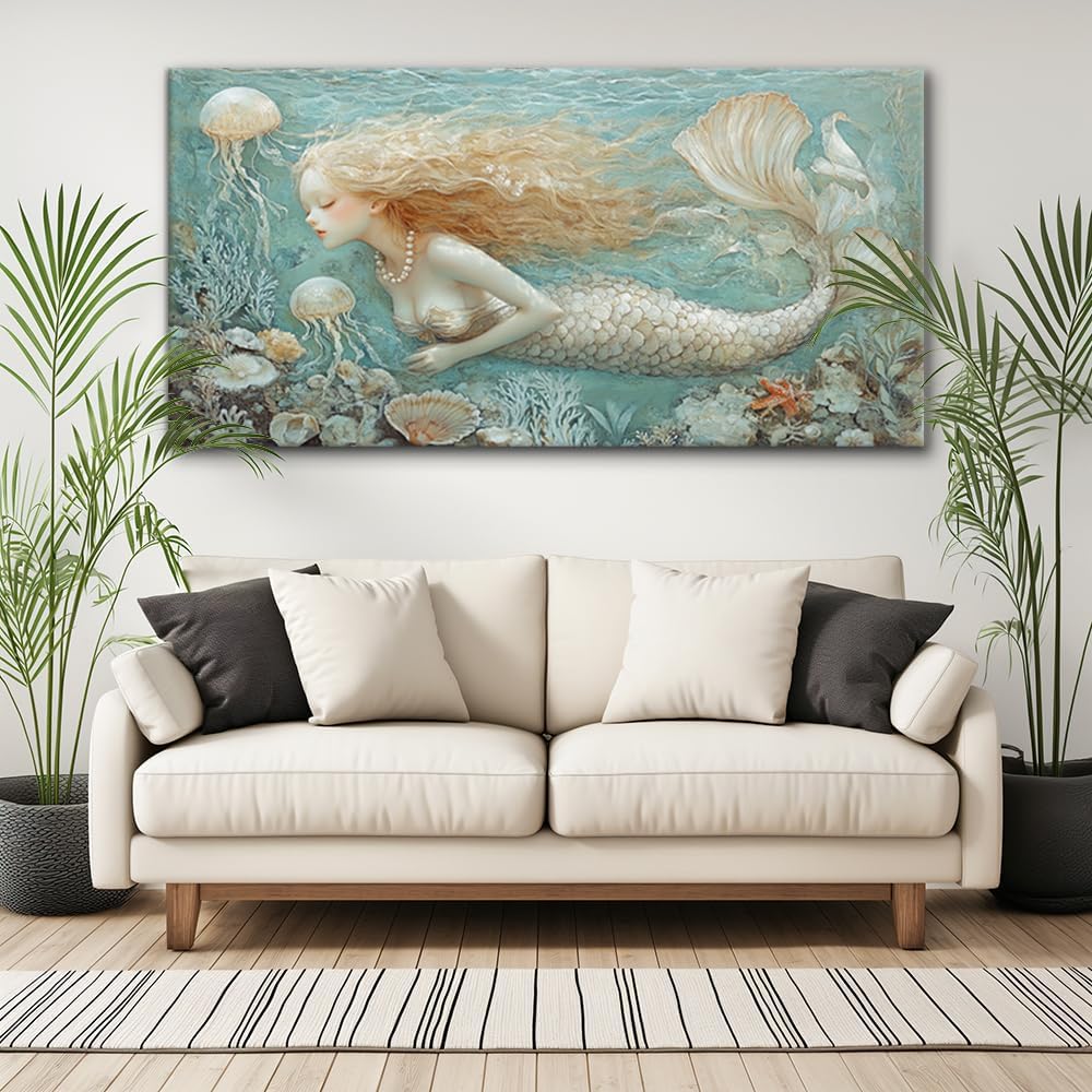 LASMOND Ocean Mermaid Wall Art for Girls Room Modern Canvas Prints Marine Organism Underwater World Sea Creatures Artwork Paintings Women Bedroom Wall Decor (58x28 Inches)