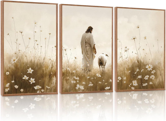 KAIRNE Jesus Framed Canvas Wall Art,Lost Sheep Wall Decor Set of 3(16”X24”),Holy Christian Art Print,Religious Scripture Pictures,Bible Renaissance Wall Painting for Living Room,Bedroom,Church Decor