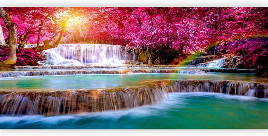 artgeist Premium Wall Mural Waterfall 216x98 in - Non-Woven Photo Wallpaper Art Print Fleece Wall Mural Decoration Poster Picture Design Nature Sun Pink Tree Forest c-B-0474-a-a