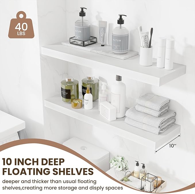 Floating Shelves Set of 2, 36 Inch Long Wooden Wall Shelves, 10 Inch Deep Wall Mounted Storage Shelf with Metal Brackets for Living Room, Bathroom, Bedroom and Kitchen, White