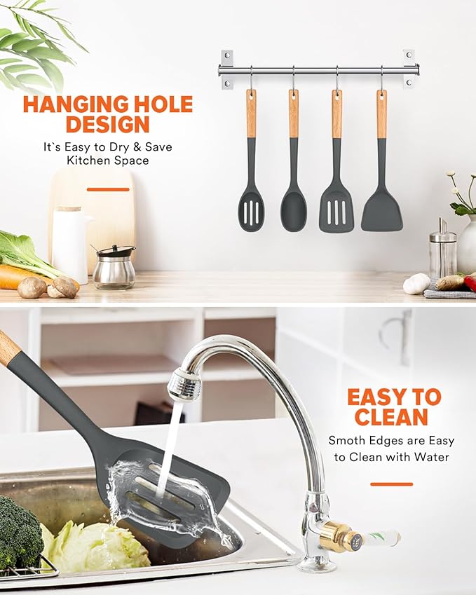 Silicone Cooking Utensils Set, Perfectly Angled for Frying, Mixing,Serving,Draining,Turning and Stirring, BPA-Free Matte Silicone, Wood Handles, Safe for Nonstick Cooking Surfaces,4 Pack (Grey)