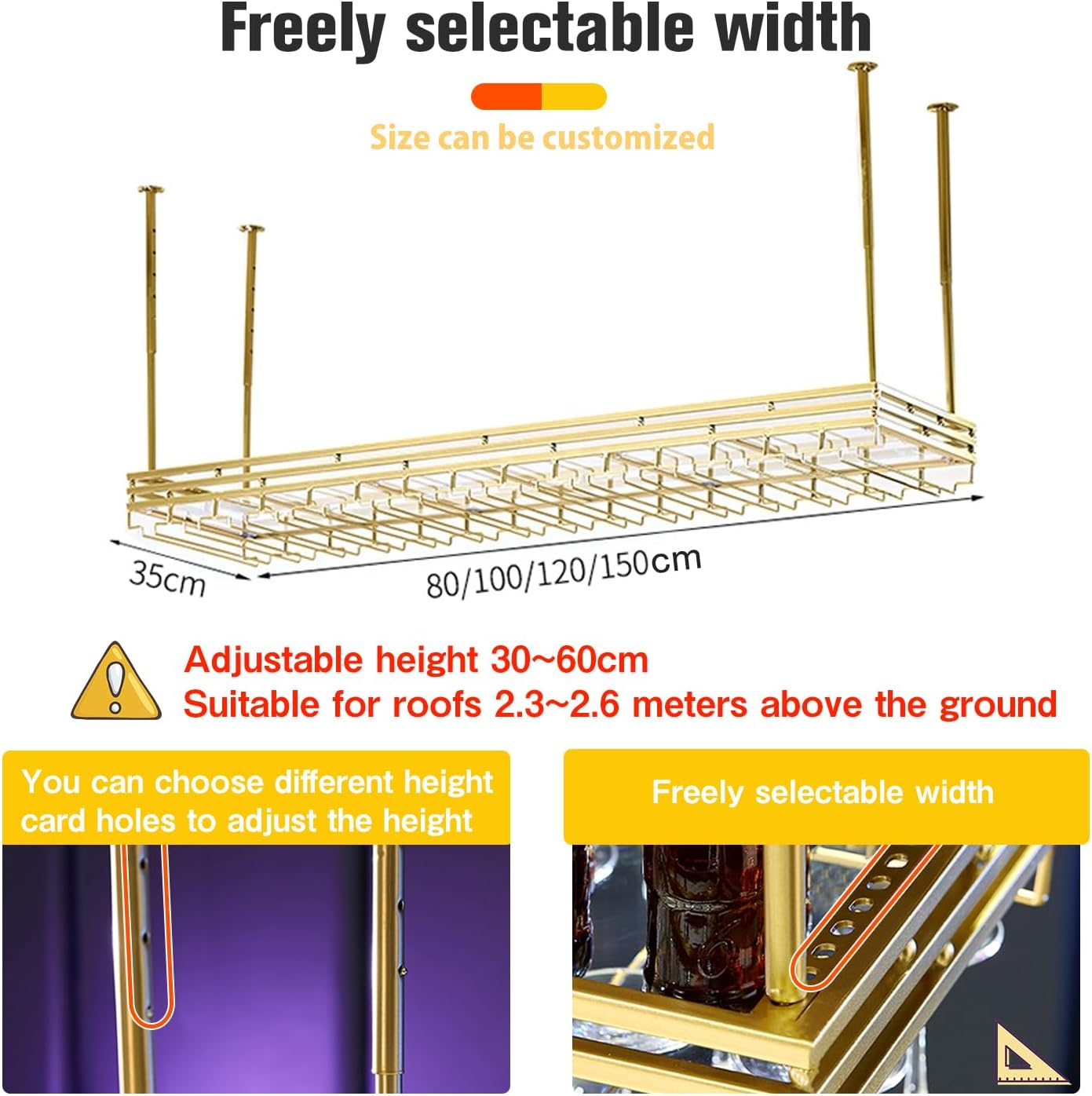 Ceiling Wine Rack&Hanging, Adjustable Hanging Wine Rack with Acrylic Board for Bar Cafe Kitche, 31.5''x13.8'' Iron Hanging Wine Glass Racks, Wine Bottle, Goblet Stemware Rack, Mug Rack-Gold