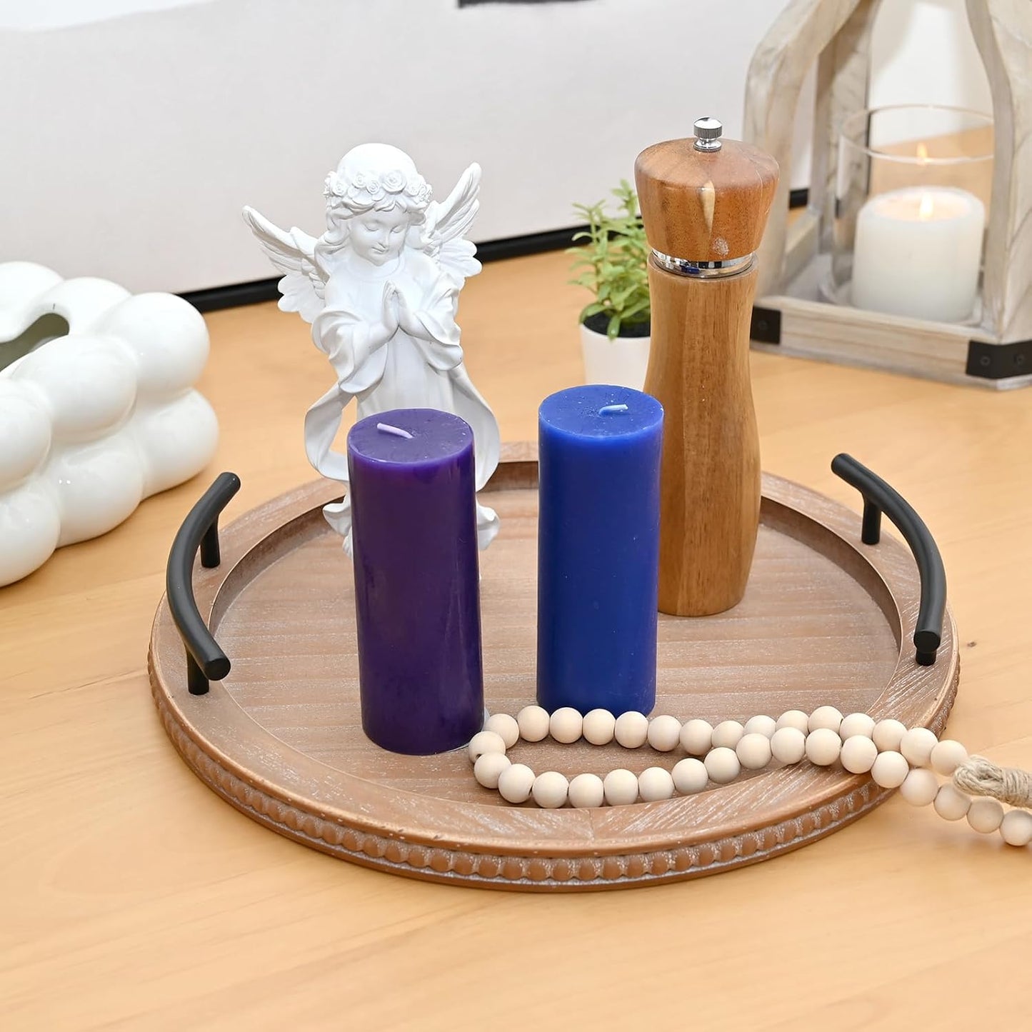 SwallowLiving Brown Wooden Beaded Serving Tray with Handle Decorative Rustic Tray for Coffee Table Farmhouse Round Tray for Kitchen, Living Room and Bedroom