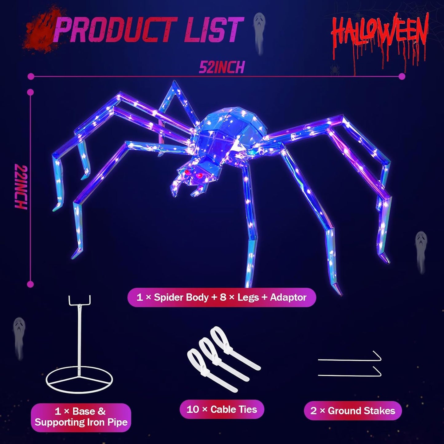 Prismatic Iridescent Giant Spider, 52" Pre-lit Large Outdoor Scary Prismatic Spider Decorations for Halloween 140 LED Light Up Giant Spider Outdoor Halloween Decorations for Garden, Yard, Porch