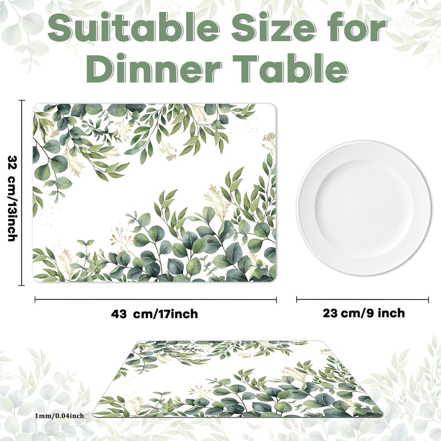 Eucalyptus Leaves Placemat Set of 6 Seasonal Summer Plastic Table Mats Spring Green Leaves Themed Place Mats Rustic Vintage Table Decoration for Indoor Outdoor Party Kitchen Dining