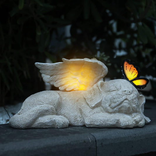 WONDER GARDEN Sleeping Dog Angel Statue with Solar Light - Pet Memorial Stone, in Memory of Dog, Marker Tribute Statues, Resin Guardian Angels, Bereavement Gift