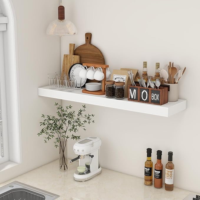 White Floating Shelves for Wall - 48 Inch Wide x 12 Inch Deep Wall Shelves Set of 1 - Rustic Wood Shelves for Living Room, Bathroom, Laundry Room, Bedroom, Kitchen, Home Office