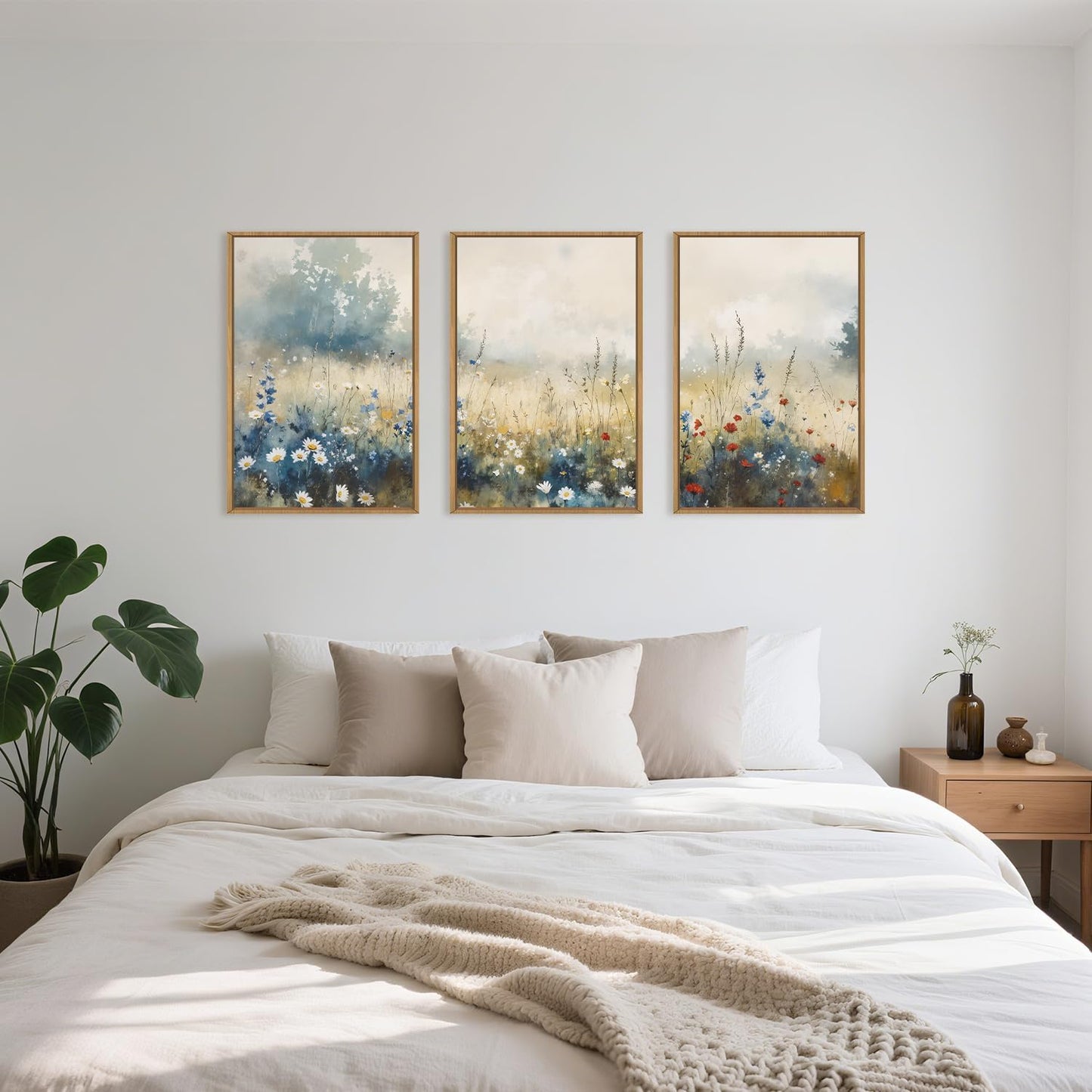 Nature Wildflower Framed Canvas Wall Art Set, Pastoral Landscape Wall Decor, Colorful Meadow Wall Painting, Rustic Floral Art Print for Living Room, Bedroom, Office - 16"X24"X3