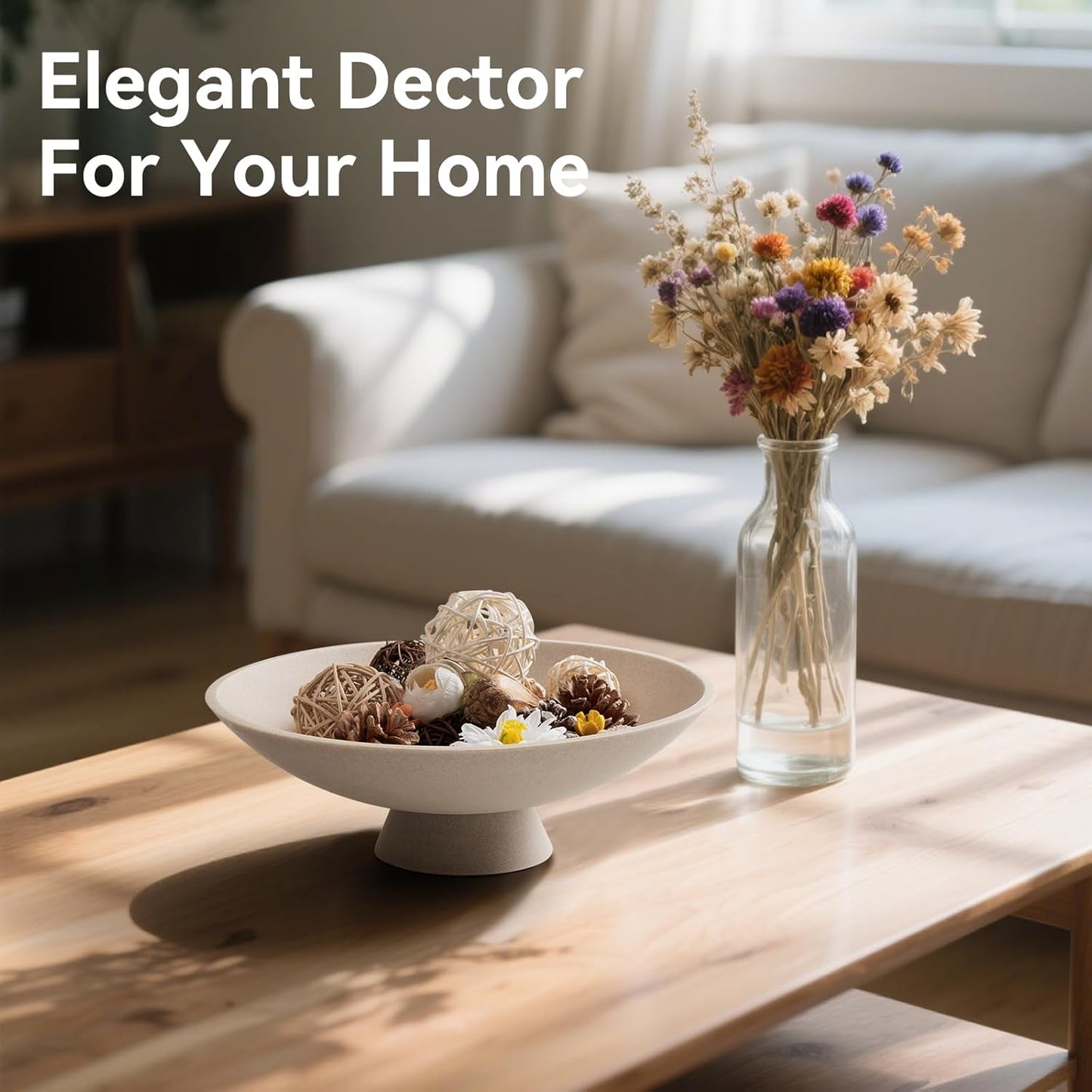 Decorative fruit bowl for Home Decor Large Modern Handicraft Key Bowl for Entryway Table Stylish Centerpiece Purse Bowl Pedestal bowl for Kitchen Counter Coffee Table(Artificial Stone Beige)