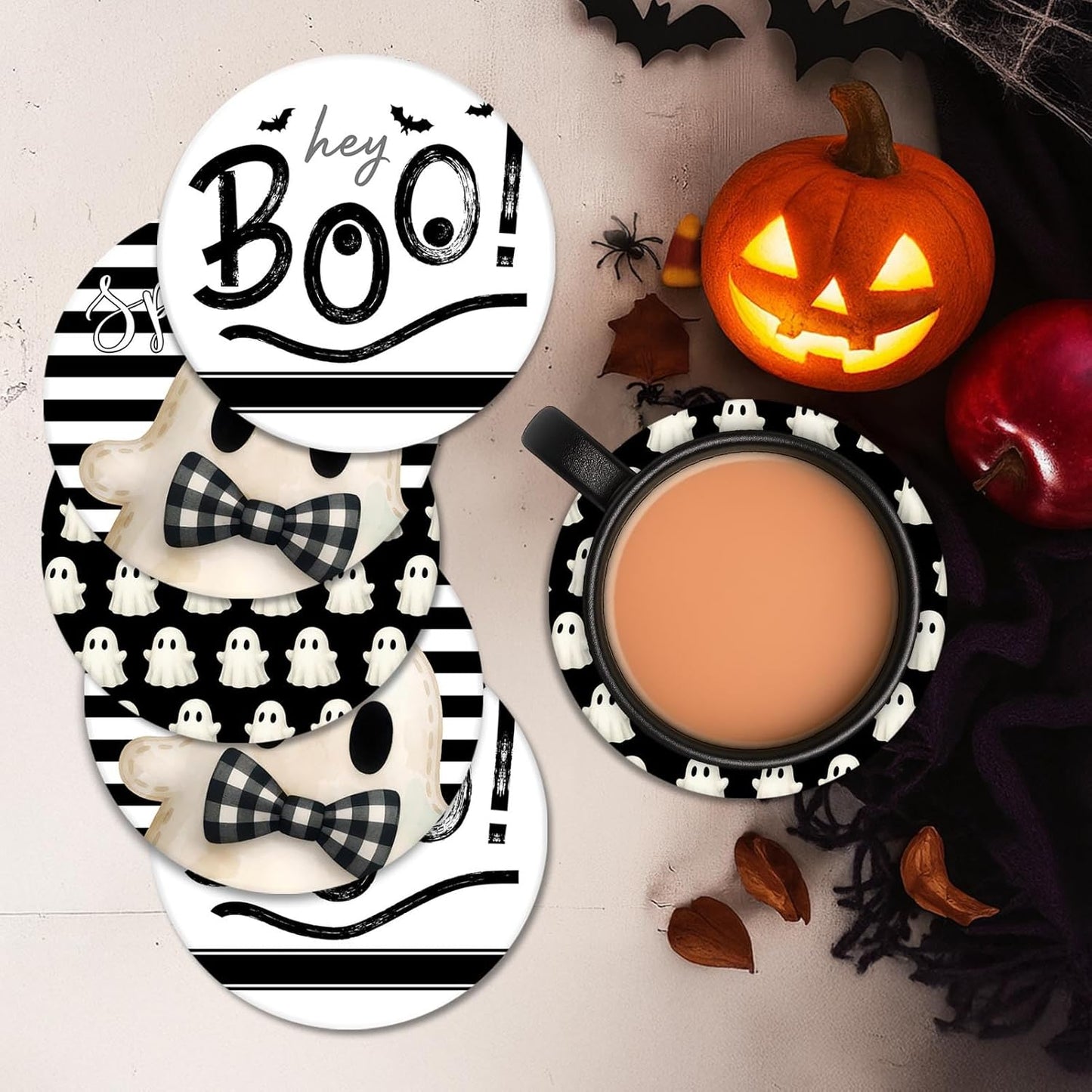 Coaster for Drinks Set of 6, Halloween Hey Boo Cute Ghost Spooky Black White Absorbent Round Ceramic Stone Mat, with Cork Base and Metal Holder, Gift for Housewarming Room Bar Decor