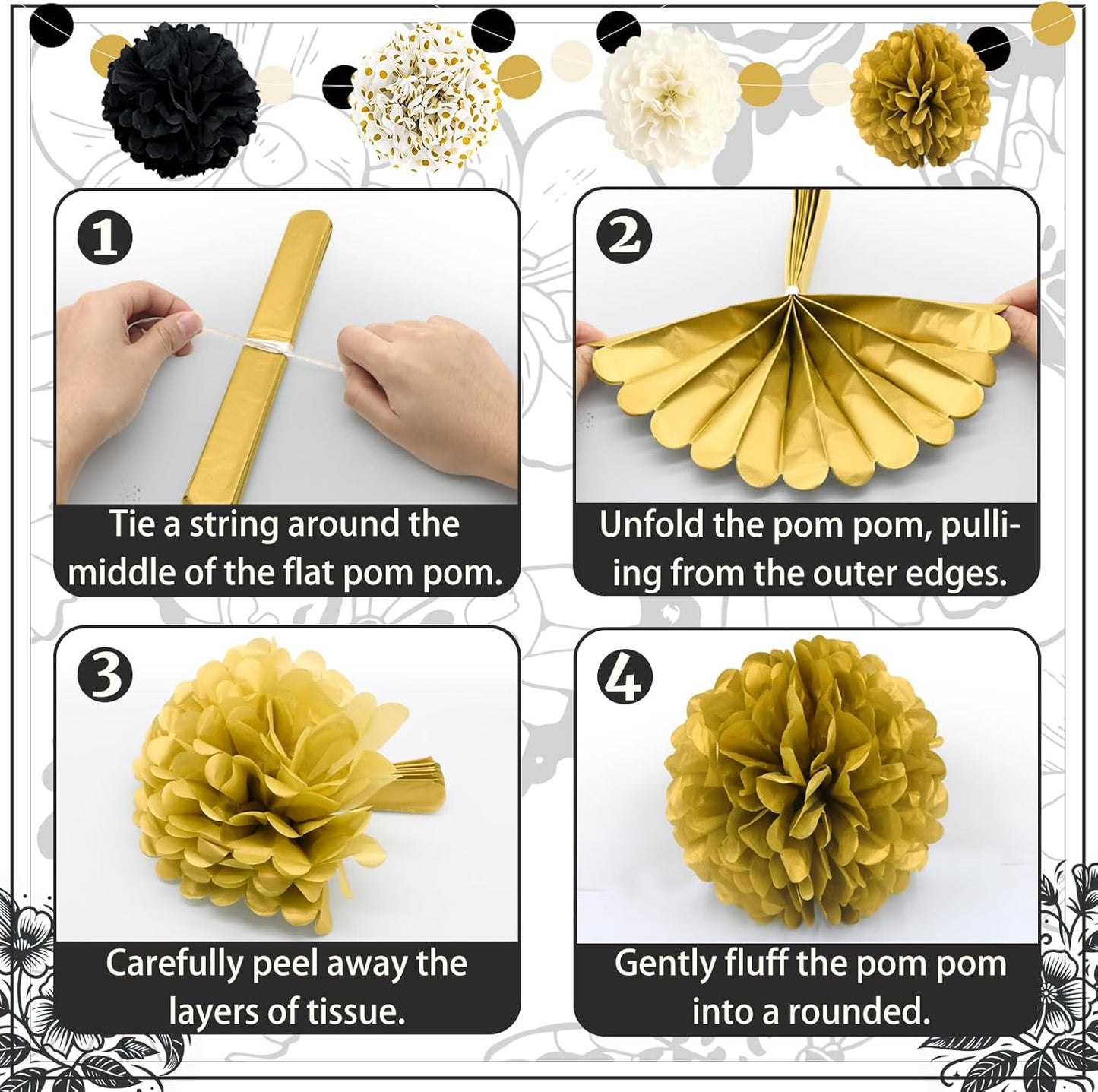 Black and Gold Party Decorations, 16 PCS Tissue Paper Pom Poms Dots Paper Garland Kit for New Year Party, Graduation, Wedding, Birthday, Engagement, Baby Shower, Retirement Party Decor