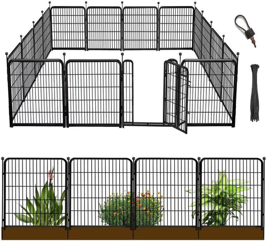 56in(H) Garden Fence, 10 Panels Total 22.1 Ft(L), Garden Fence with Low Threshold Gate, Anti Dig Fence Barrier, Fencing for Garden Beds, Black Metal Decorative Garden Fencing