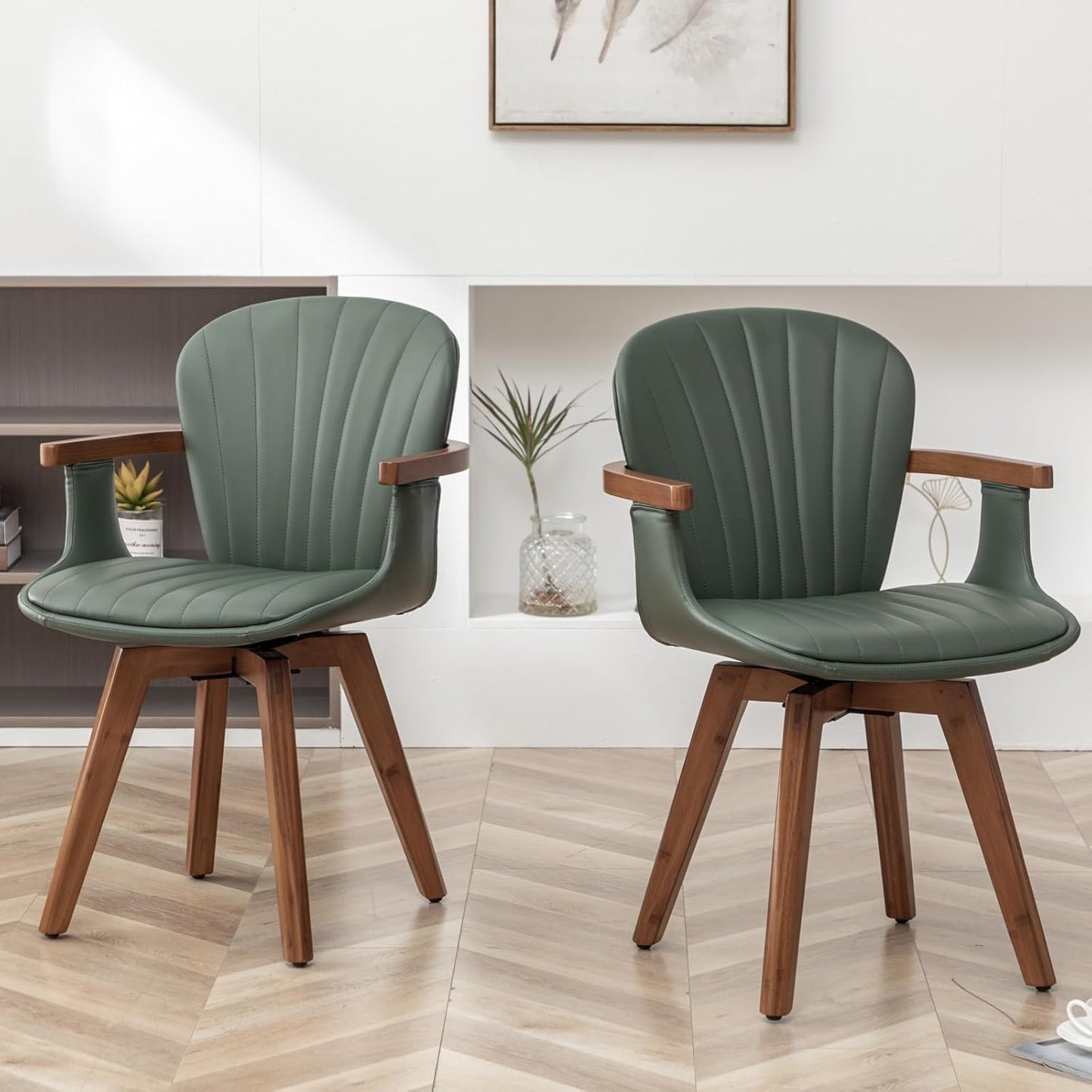 LUNLING Swivel Dining Chairs Set of 4, Mid Century Modern Green Faux Leather Kitchen Chairs with Arms,Bamboo Legs Side Chairs No Wheels,Accent Chair for Dining Rooms and Offices