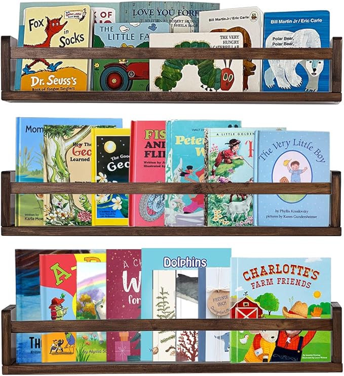 AZSKY Nursery Book Shelves 24 in Set of 3 Walnut Floating Bookshelf for Kids Room Wall Mounted Floating Shelves Solid Nursery Bookshelf Perfect Decor for Kitchen Bedroom Living Room