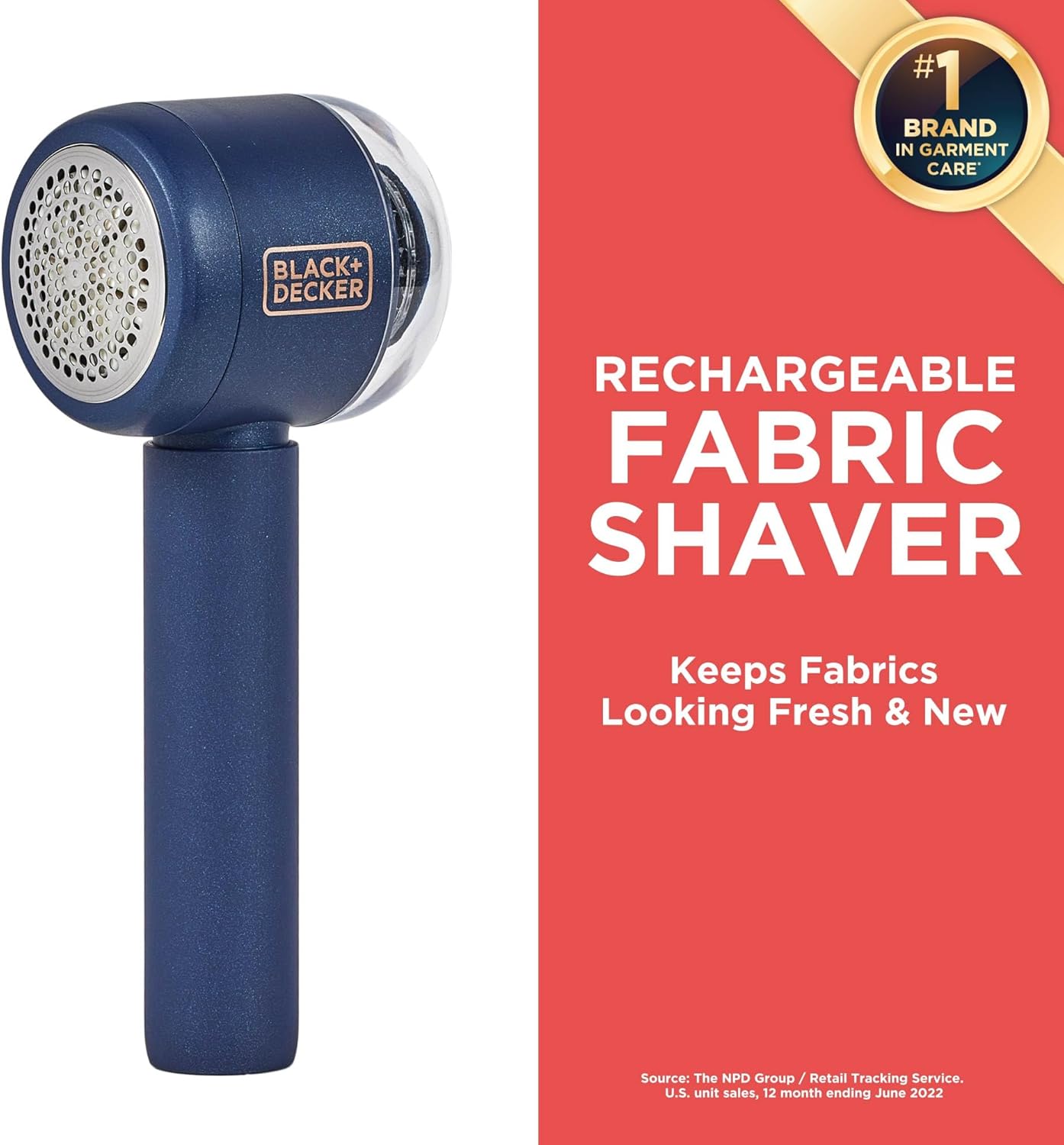 BLACK+DECKER Rechargeable USB-C Fabric & Garment Shaver – Large Capacity Lint Remover for Clothing and Upholstery, 6 Stainless Steel Blades