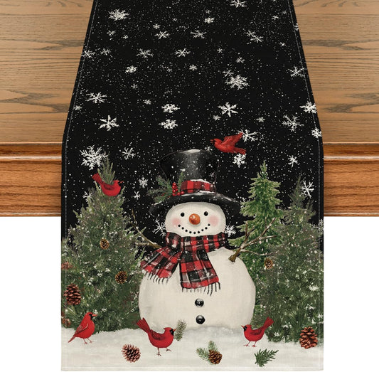 Artoid Mode Snowman Birds Trees Christmas Table Runner, Seasonal Black Winter Holiday Kitchen Dining Table Decoration for Home Party Decor 13 x 72 Inch