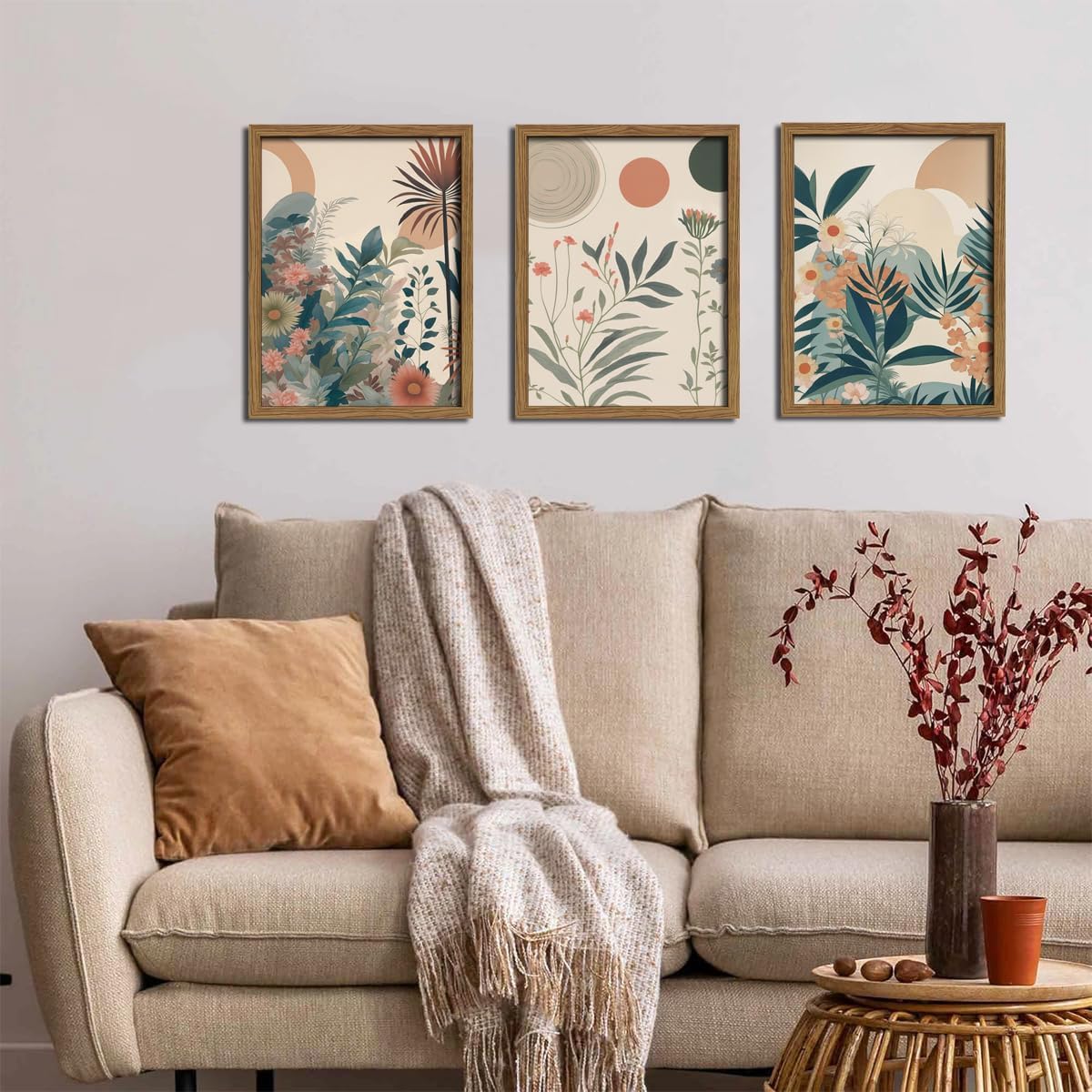 Marllifenney Wood Framed Orange Plants Canvas Wall Art Set of 3 Boho Botanical Wall Decor Abstract Floral Poster Modern Nature Prints Painting Picture for Living Room Bedroom Kitchen Office 12x16in