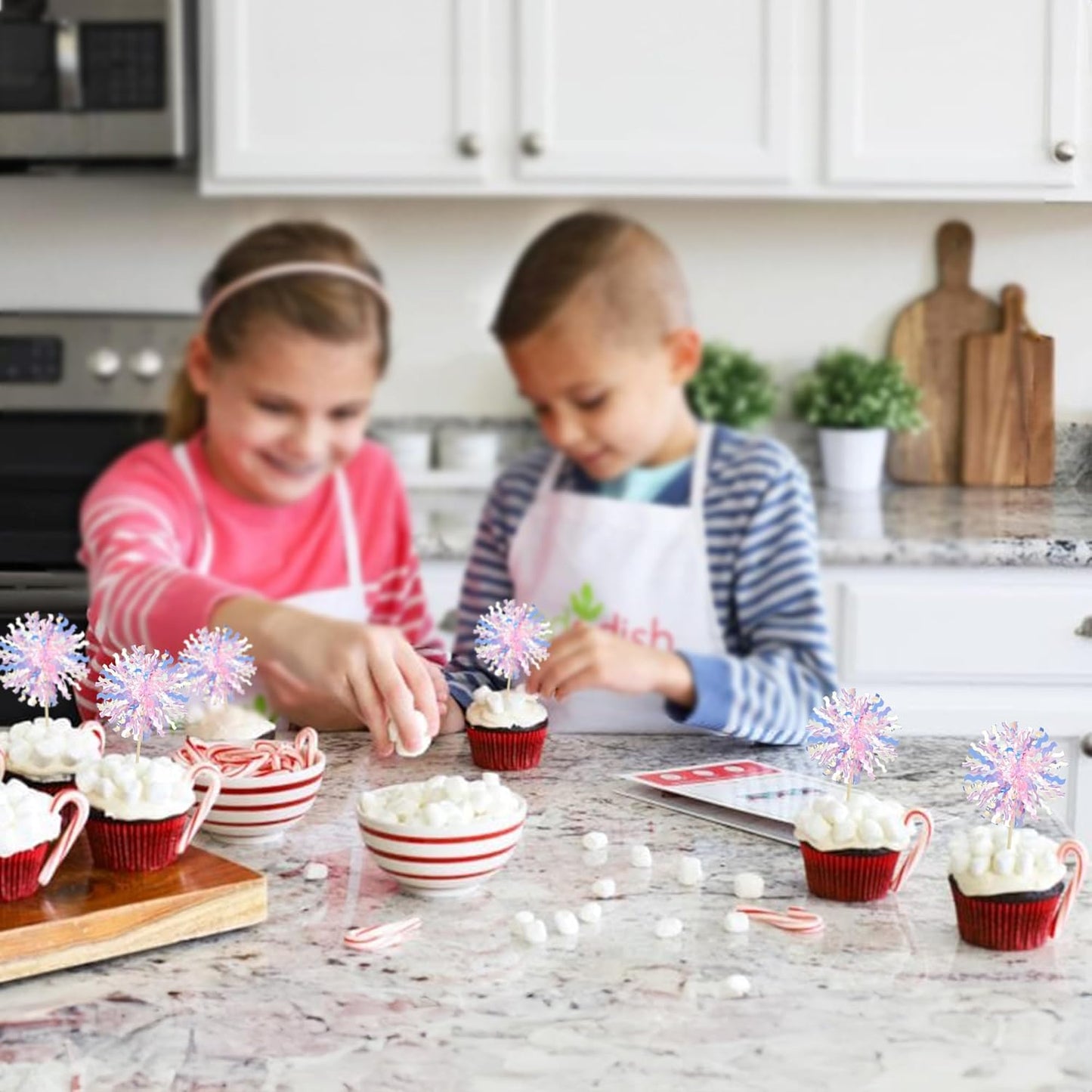 Ephlyn 30Pcs Foil Firework Cupcake Toppers Firework Cake Toppers Tinsel Flower Drink Stirrers Cocktail Food Fruit Toothpicks for Valentine's Day Party Decorations Pink