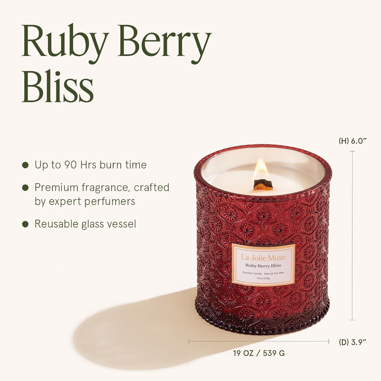 LA JOLIE MUSE Ruby Berry Bliss Scented Candle – Mandarin, Cranberry & Plum | 19 oz Festive Fall Candle | Wooden Wick | Clean Burn & Vibrant Scent | Fun Gift for Hosts & Fall Tablescapes