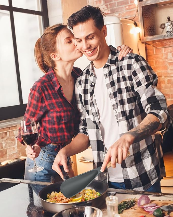 Cooking Spoon for Nonstick Cookwares, Great for Cooking and Serving Sturdy BPA-Free Matte Silicone, Wood Handle Spoon for Mixing, Scoop, and Scrape (2 Pack of Grey, 11.4 inch)