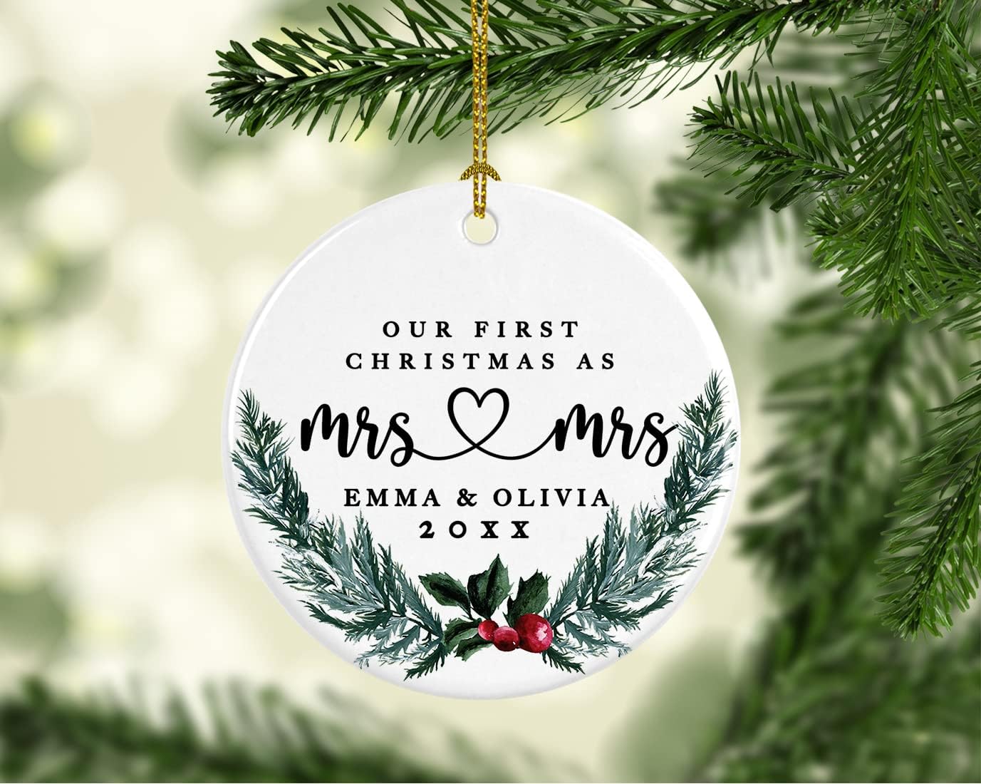 Andaz Press Personalized Our First Christmas As Mrs. & Mrs. 2025 Christmas Ornaments Holly & Pine Wreath 2.8" Round Porcelain Ceramic Lesbian Married Couple Gay Women Newlyweds Wedding Keepsake 1-Pack