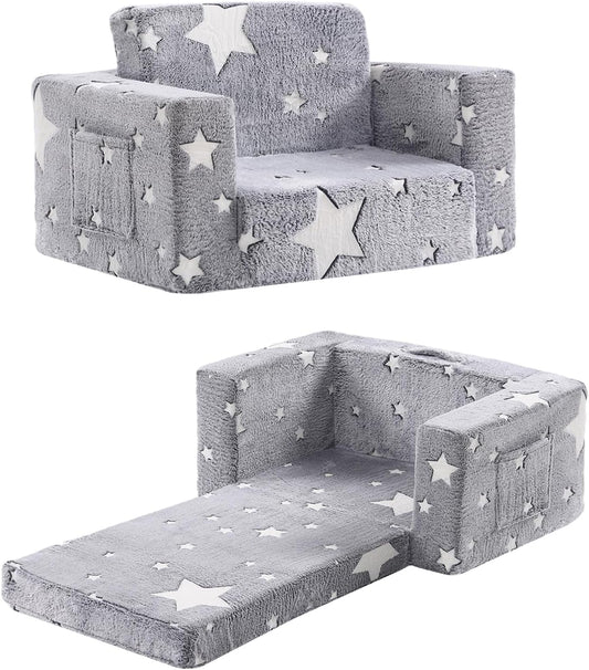 Toddler Chair Plush Kids Couch, 2-in-1 Comfy Armchair Removable and Washable Cover Carrying Handle, Convertible Reading Chair Toddler Couch for Girls and Boys, Glow in The Dark Grey Star