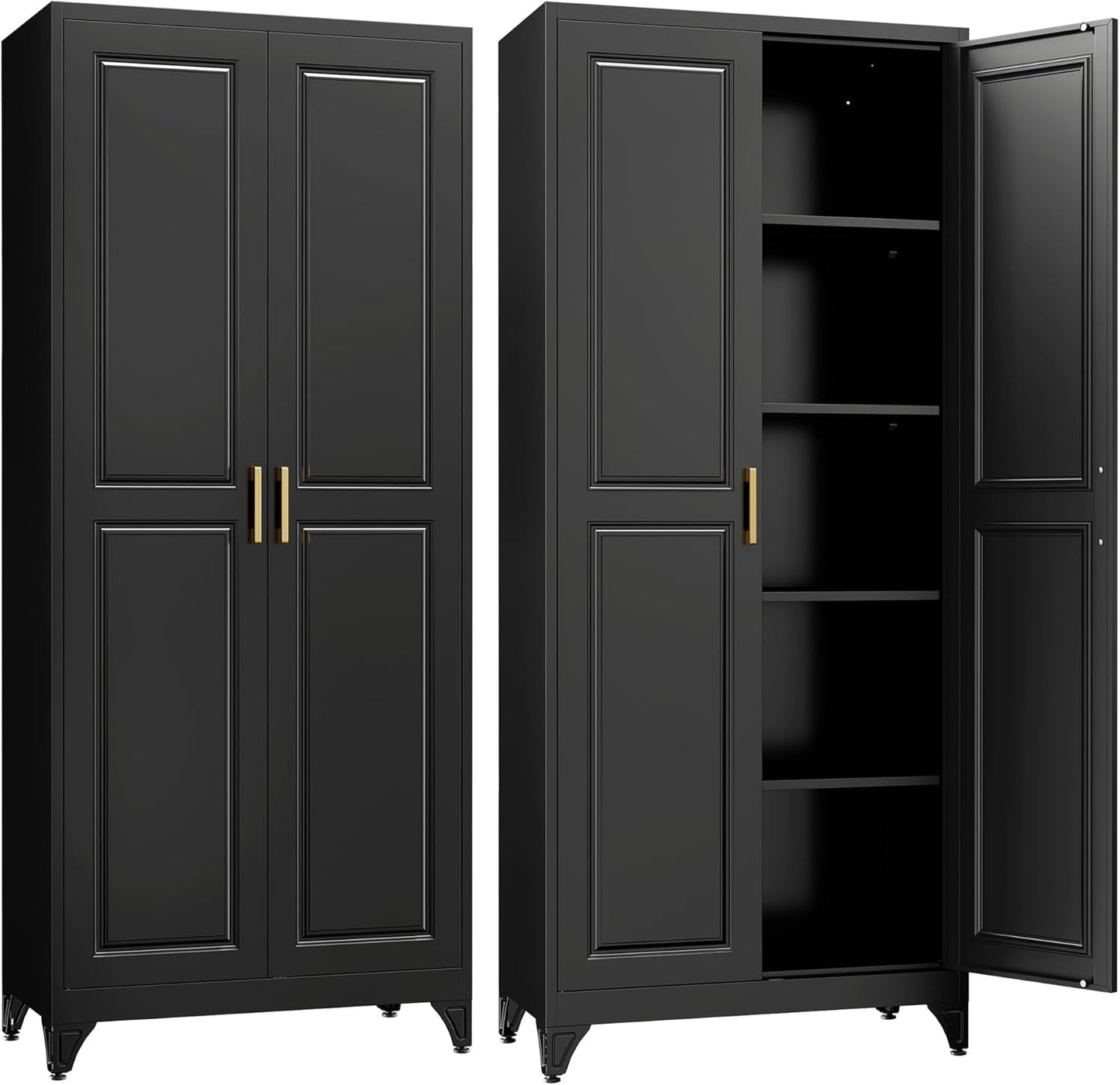 Kitchen Pantry Cabinet,75”Black Metal Storage Cabinets with Doors and 4 Adjustable Shelves,Kitchen Cabinet with 2 Gold Handles,Tall Cabinet for Livingroom, Bathroom
