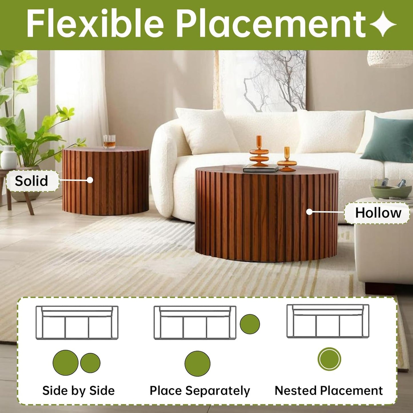 Round Nesting Coffee Table, Drum Wood Coffee Table Set of 2 Brown, Modern Fluted Nesting Tables Circle Center Table 2 Piece for Small Spaces Living Room Bedroom Balcony Office, No Assembling