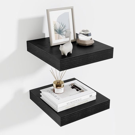 Fun Memories Floating Shelves for Wall 10 Inch, 10 Inch Deep Square Wall Shelves, Bathroom Storage Shelves Over Toilet, Wood Floating Shelves for Living Room Bedroom, Black, Set of 2