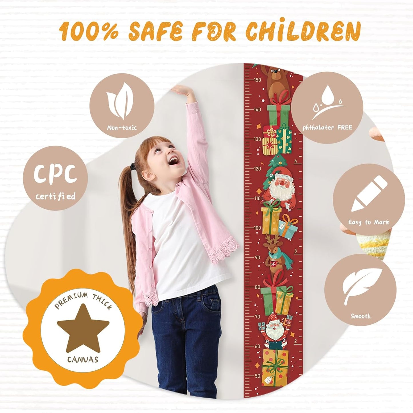 Personalized Name Growth Chart Wall Decor for Kids – Canvas Removable Height Chart Measuring Ruler 59" x 7.9" （Santa Claus Gifts）