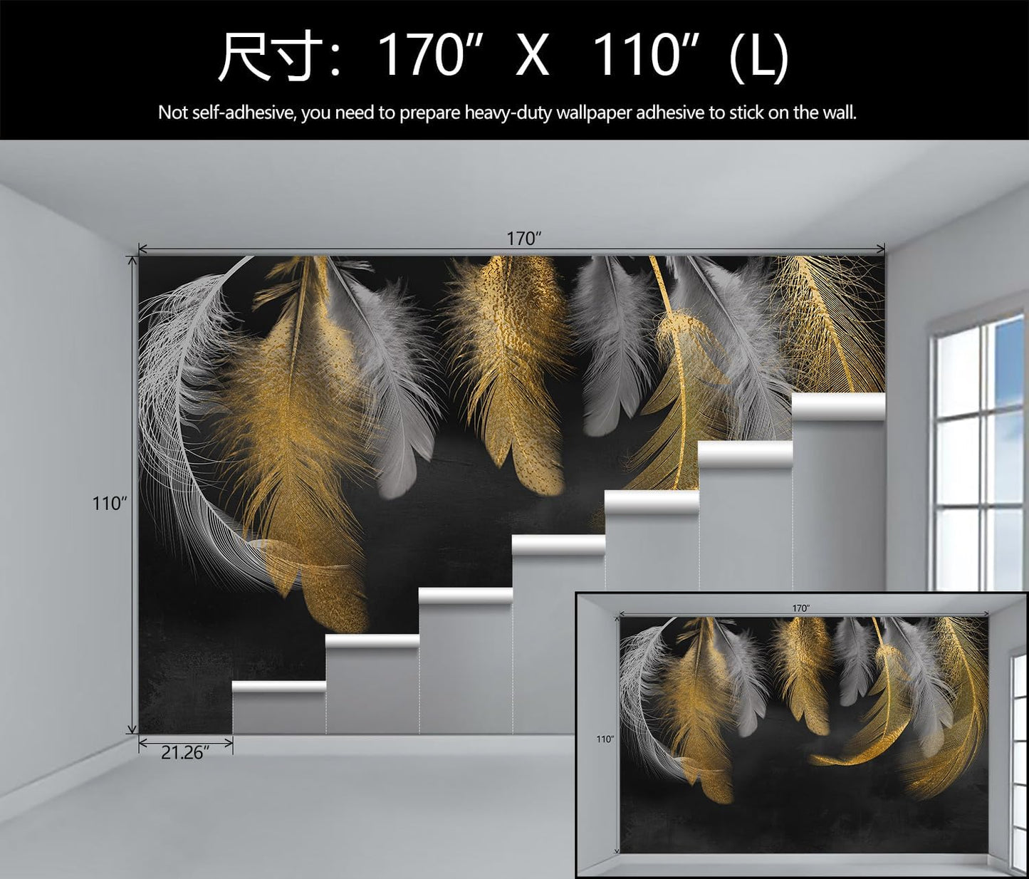 WFBHUA-Modern Gold Feather Wallpaper Large Art Dark Background Wall Mural for Living Room Bedroom (Not Peel and Stick)