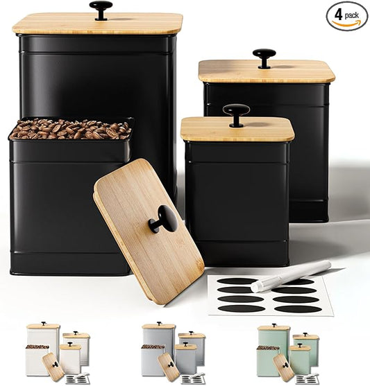 Kitchen Canisters for Countertop Set of 4 with Customizable Chalkboard Labels & Marker Pen - Big Iron Kitchen Canisters with Airtight Lids - Black Canister Set - Flour and Sugar Containers Farmhouse