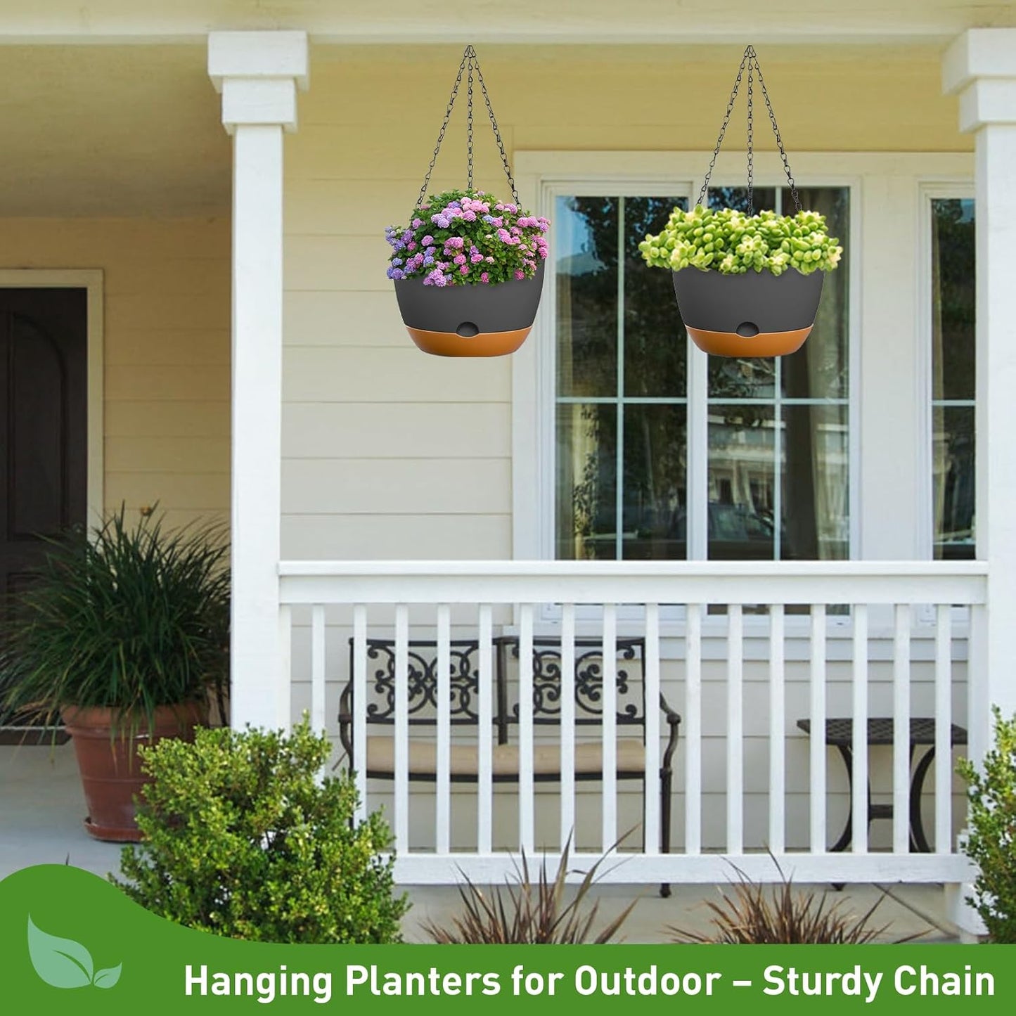 10 Inch Hanging Planters for Indoor & Outdoor Use (2 Pack) - Self-Watering & Drainage Flower Pots with Chain & Macrame Hangers (Deep Gray, 10 in)