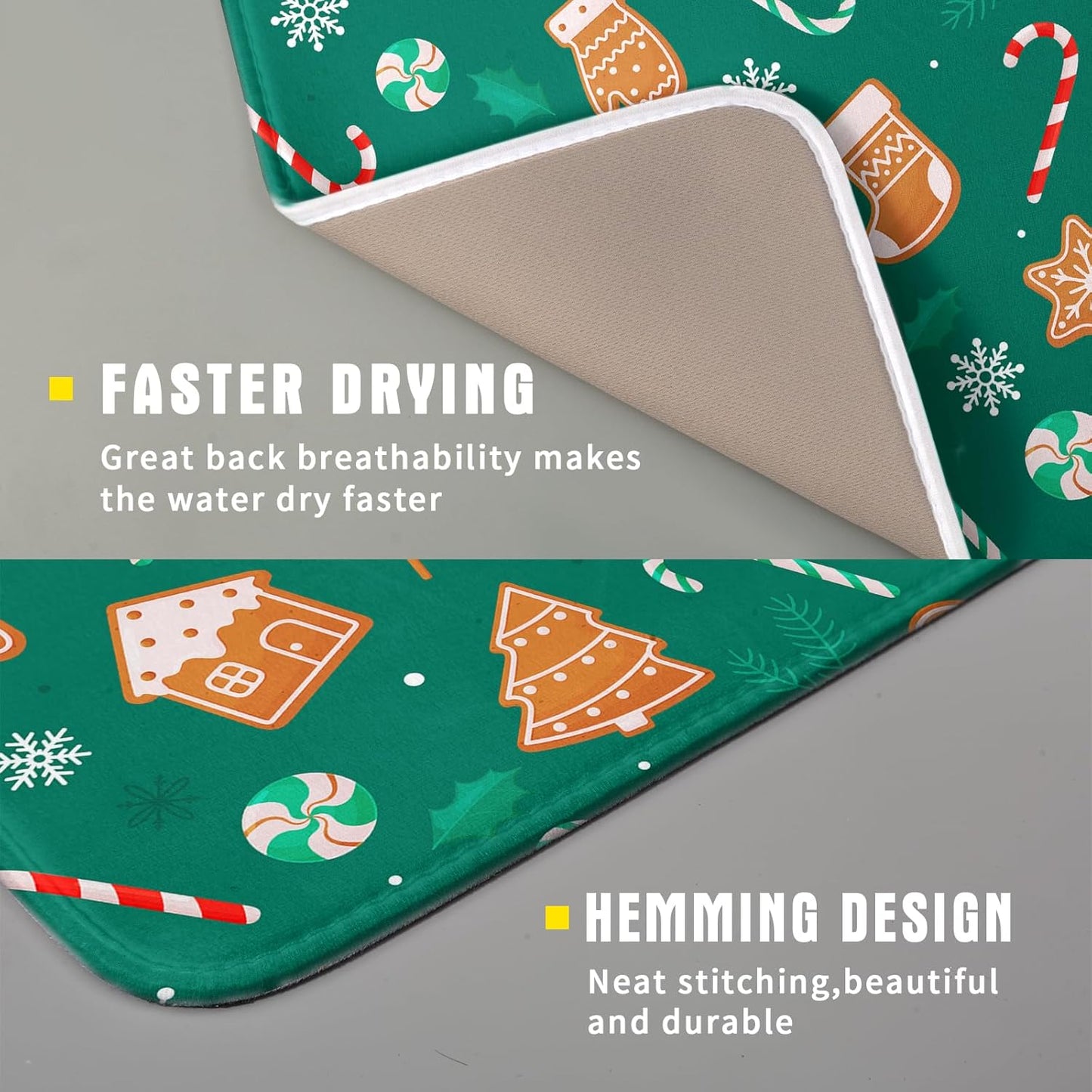 Gingerbread Dish Drying Mat for Kitchen Counter Holiday Green Super Absorbent Reversible Microfiber Kitchen Countertop Protector Dishes Pad Small 16x18 inch