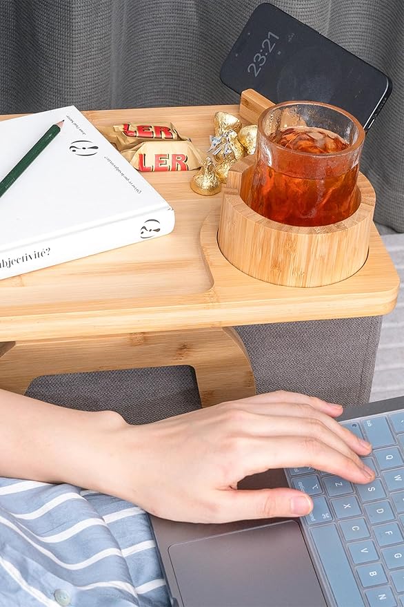 Sofa Arm Tray, Bamboo Large Couch Cup Holder, Portable Anti-Spill Sofa Armrest Tray for Beverage, Snacks, Phone, Remotes