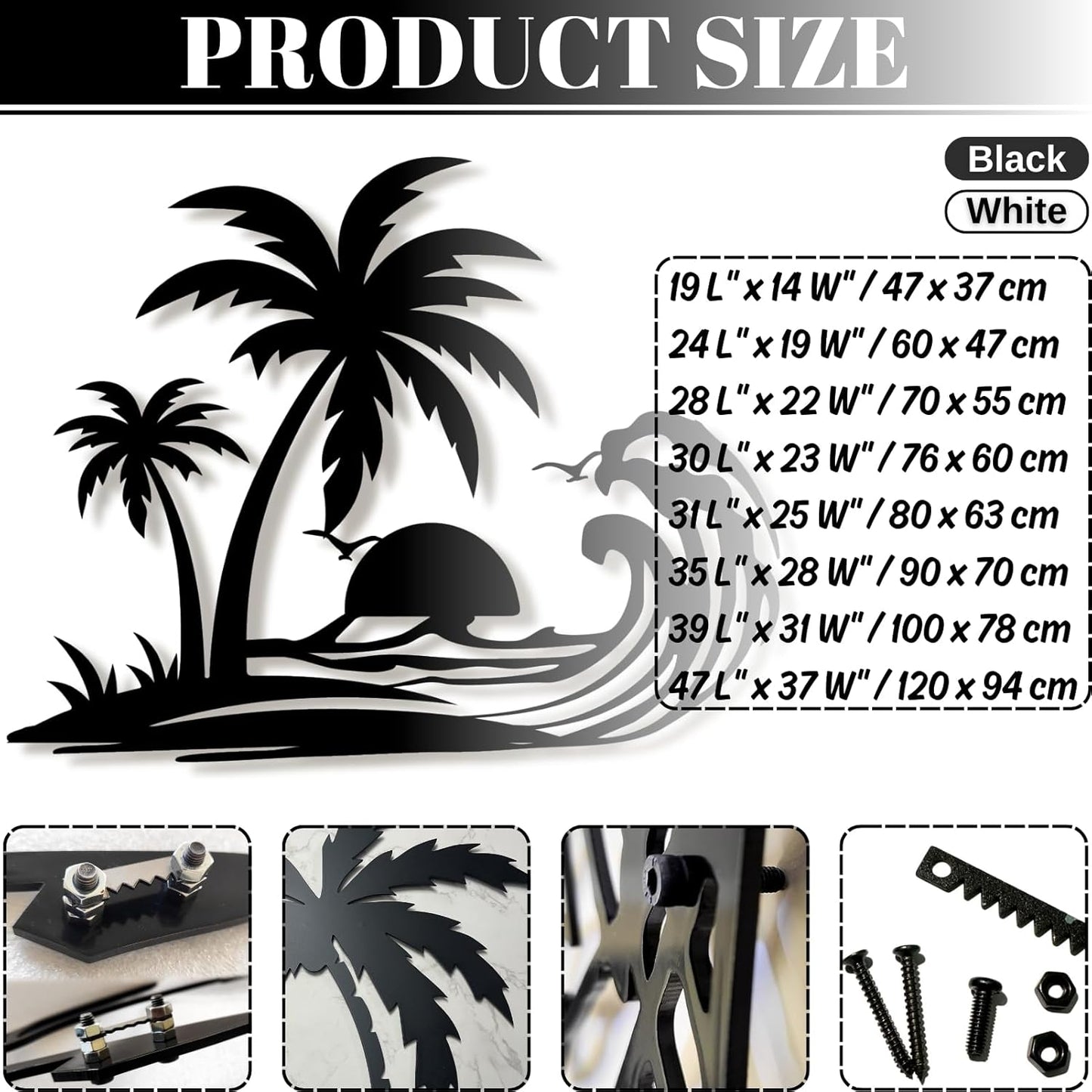 Lunwall Palm Tree Metal Wall Art, Tropical Palm Tree Wall Decor, 30 L" x 23 W" / 76 x 60 cm, Black, Vertical, Wall Mount, Indoor and Outdoor, Polished Finish
