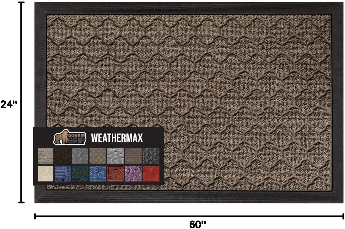 GORILLA GRIP 100% Waterproof All-Season WeatherMax Doormat, 60x24, US Designed Natural Rubber, Stain and Fade Resistant, Low Profile Indoor Outdoor Door Mats, Easy Clean Patio Mat, Latte Quatrefoil