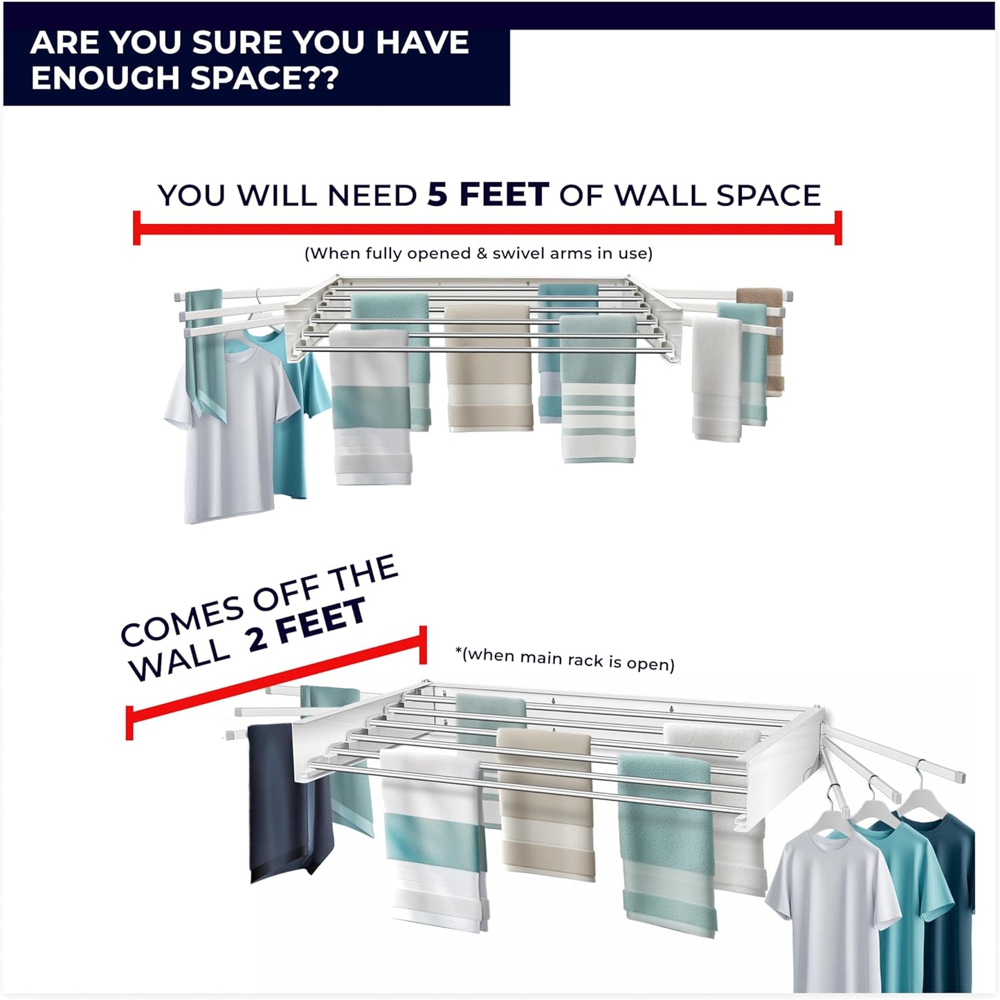 MODERN-X Wall Mounted Clothes Drying Rack with 6 Swivel arms, 35”Wide, 26 Linear ft of Laundry Drying Rack Space, 6 Collapsible Aluminum rods, 2X Drying Capacity, Space Organizer Holds up to 60lbs