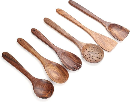 Wooden Spoons for Cooking Utensils Set with Holder, Spoon Rest & Hooks, Teak Wood Nonstick Kitchen Cookware