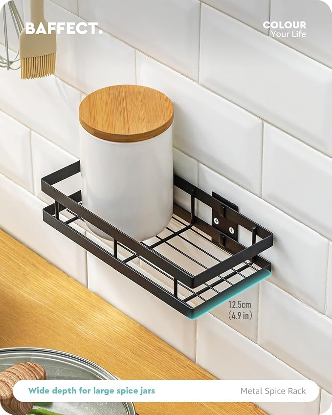 Metal Spice Rack Wall Mount Floating Shelves 2 Pack Black Storage organizer for Cabinet Door Pantry Kitchen Bathroom Supplies (9.8inches length)