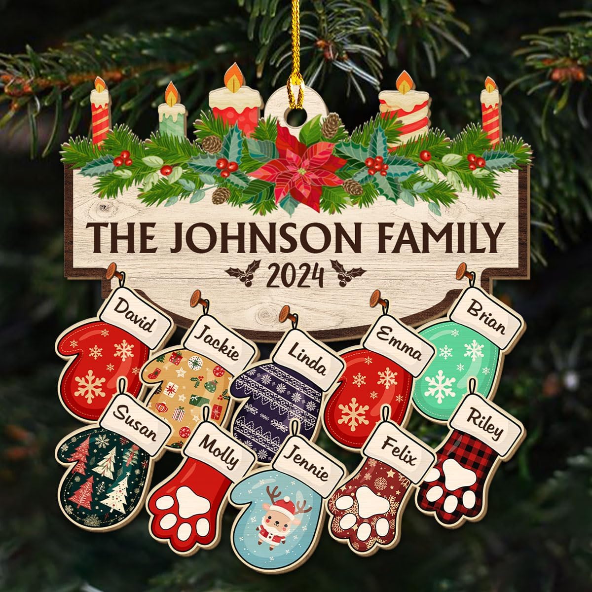Family with Pet Ver 2 - Personalized Custom Wood Ornament, Family Gloves Christmas Ornament 2024, Xmas Ornament Gifts for Family Tree Decoration (A06, 10 Names)