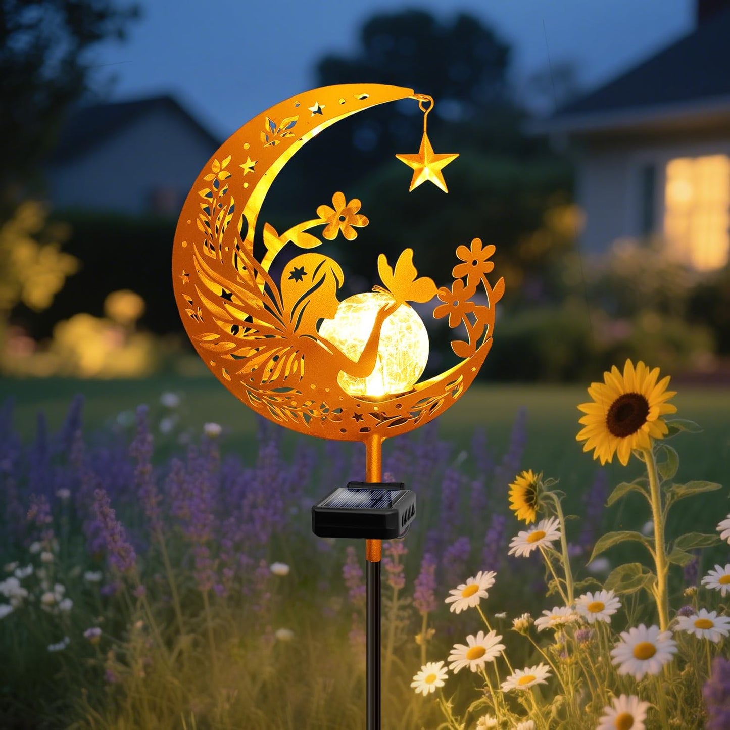YJFWAL Garden Solar Fairy Lights Pathway Stake Lights Glass Globe with Moon Angel Decor, Gifts for Mom Grandma Friends, Outdoor Decor Light Waterproof for Walkway, Yard, Patio or Garden (Warm White)