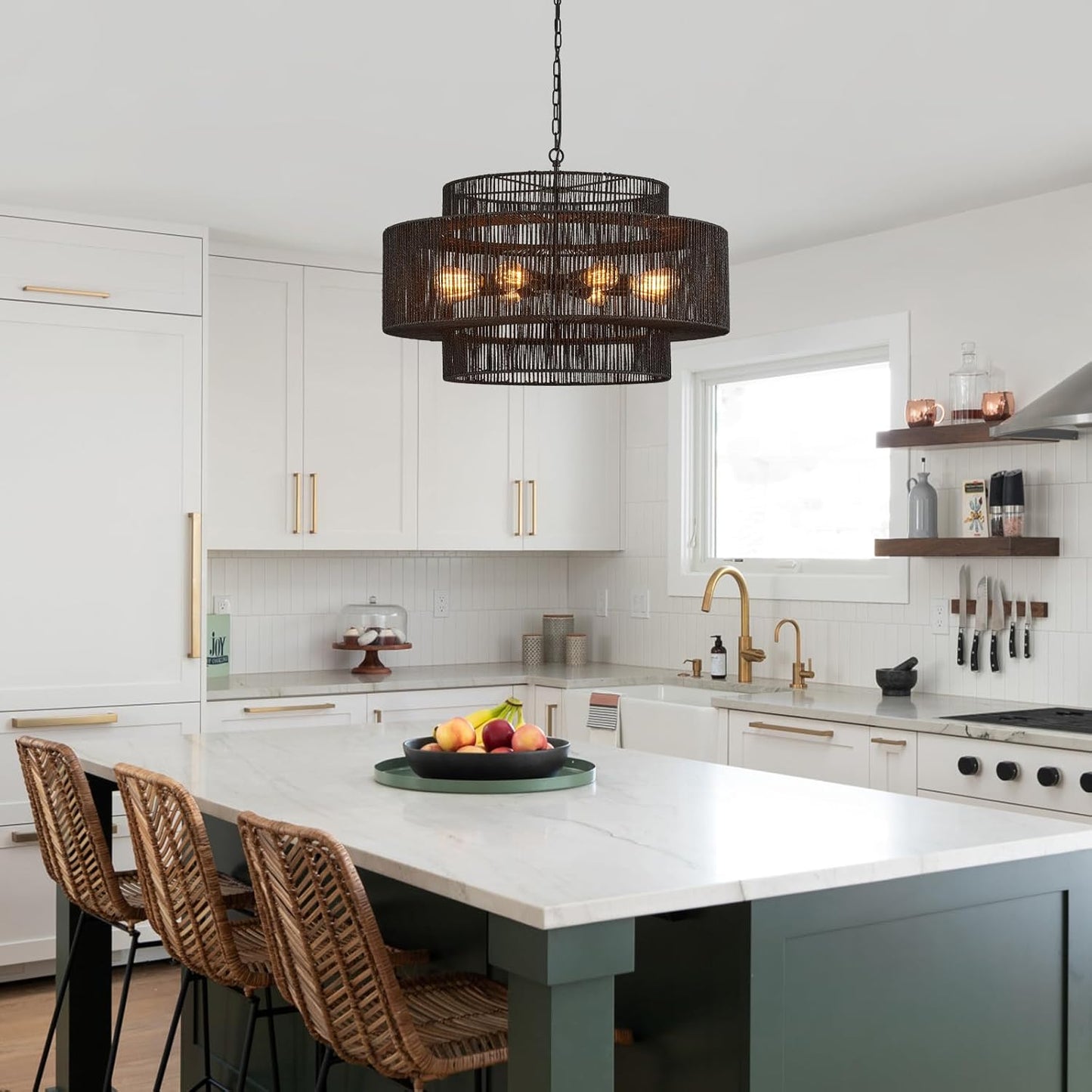 30" Large Hand-Woven Rattan 8-Light Farmhouse Boho Bamboo Chandeliers Light Fixture Retro 3-Tier Drum Wicker Rattan Black Chandelier for Dining Room, Kitchen Island, Bedroom