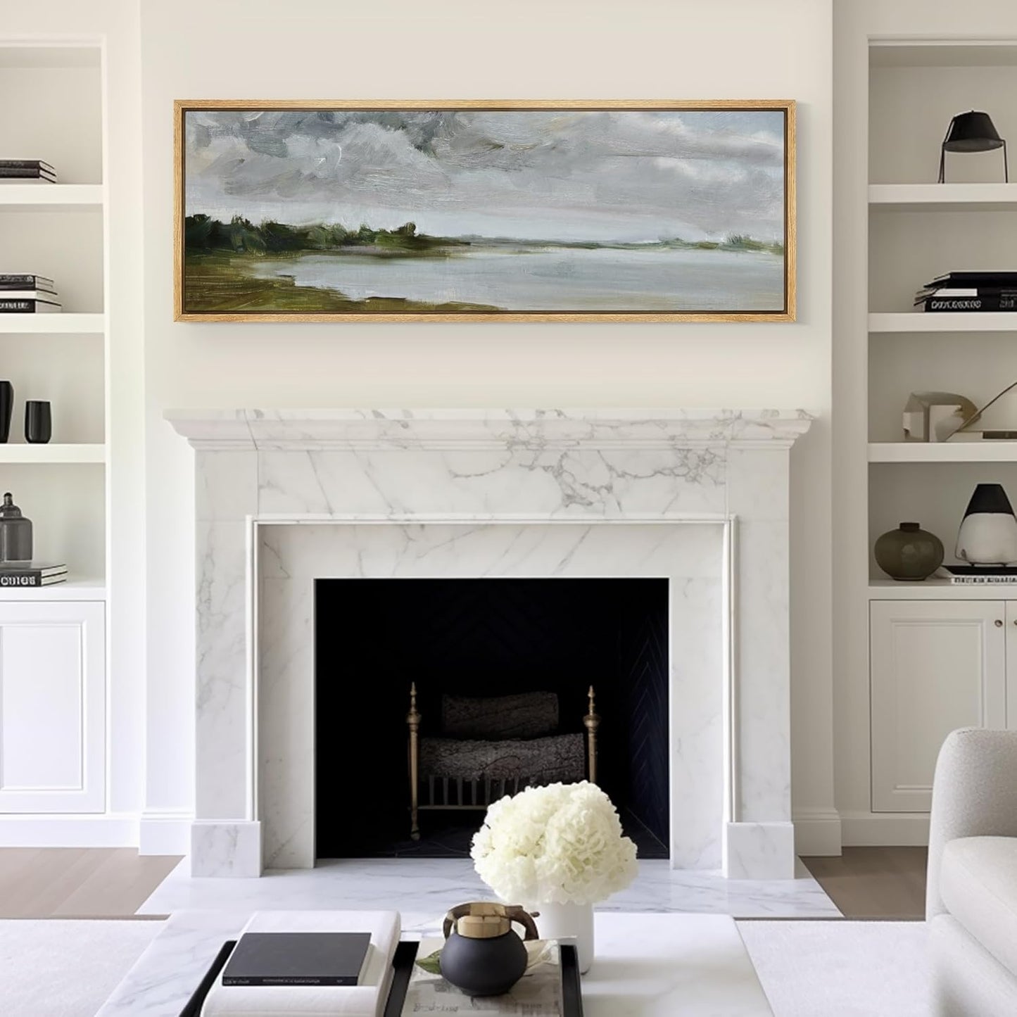 MUDECOR Large Framed Canvas Print Wall Art Tranquil Landscape Soft Brushstroke Lake Scene Illustrations Antique Retro Fine Art Illustrations Decorative Colorful for Bedroom - 60"x20"