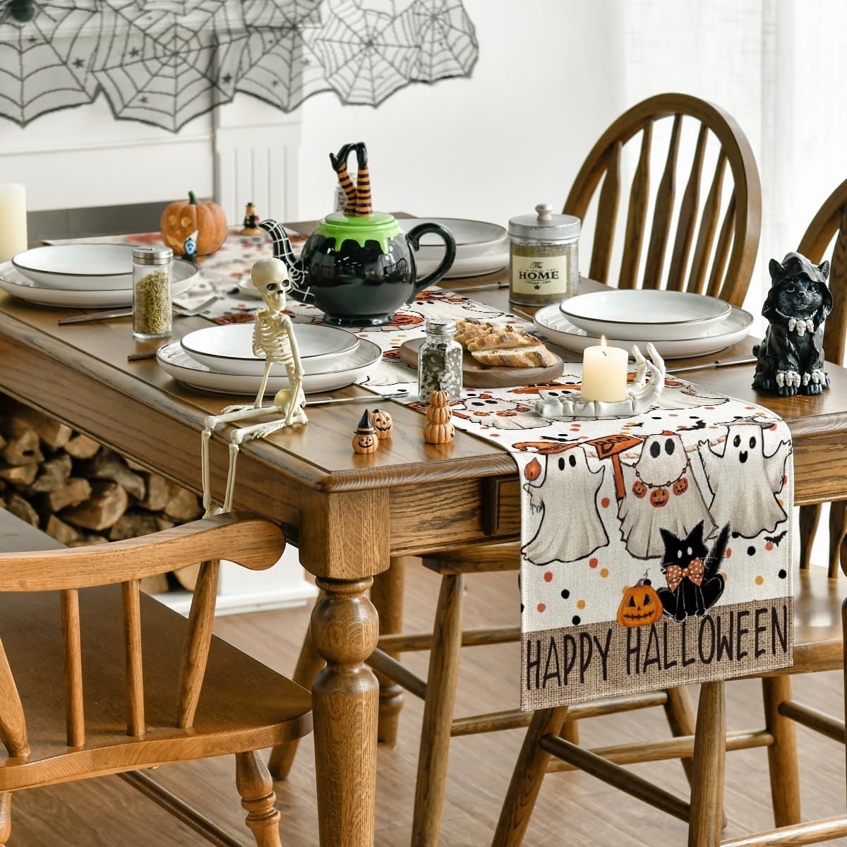 Artoid Mode Beige Ghost Jack-O'-Lantern Black Cat Halloween Table Runner,Holiday Kitchen Dining Table Decoration for Home Party Decor 13 x 108 Inch