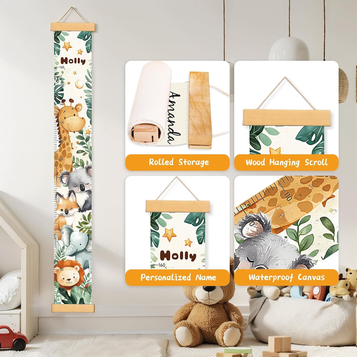Personalized Name Growth Chart Wall Decor for Kids – Canvas Removable Height Chart Measuring Ruler 59" x 7.9" (Cute Animals)